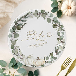 Elegante witte pompoen groen herfst bruiloft papieren bordje