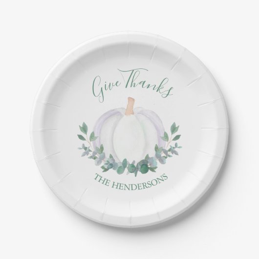 Elegante witte pompoen groene bladeren Thanksgivin Papieren Bordje (Voorkant)