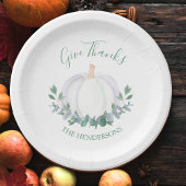 Elegante witte pompoen groene bladeren Thanksgivin Papieren Bordje