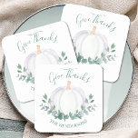 Elegante witte pompoen Thanksgiving Kartonnen Onderzetters<br><div class="desc">Deze Thanksgiving onderzetters zijn versierd met een waterverf witte pompoen en eucalyptus in zachte tinten groen. Ze zeggen "Geef Bedankt" in stijlvolle scripttypografie. Gemakkelijk aan te passen. Originele Waterverf © Michele Davies.</div>