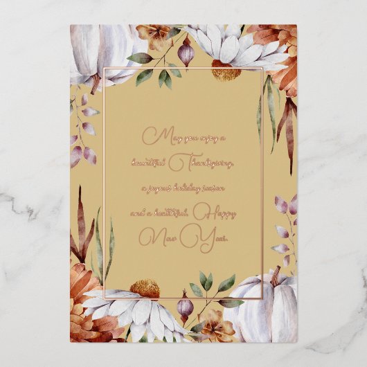 Elegante witte pompoenen en bloemen roze gouden sc folie feestdagenkaart (Voorkant)