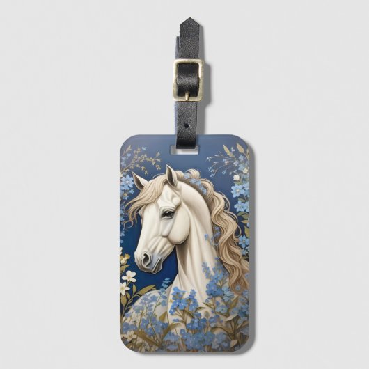 Elegante witte Pony en vergeet-me-nots Bagagelabel (Voorkant (verticaal))
