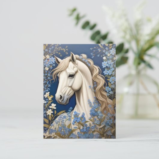 Elegante witte Pony en vergeet-me-nots Briefkaart (Staand voorkant)