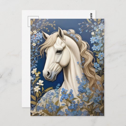 Elegante witte Pony en vergeet-me-nots Briefkaart (Voorkant / Achterkant)