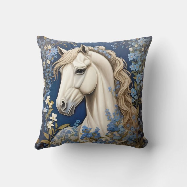 Elegante witte Pony en vergeet-me-nots Kussen (Achterkant)