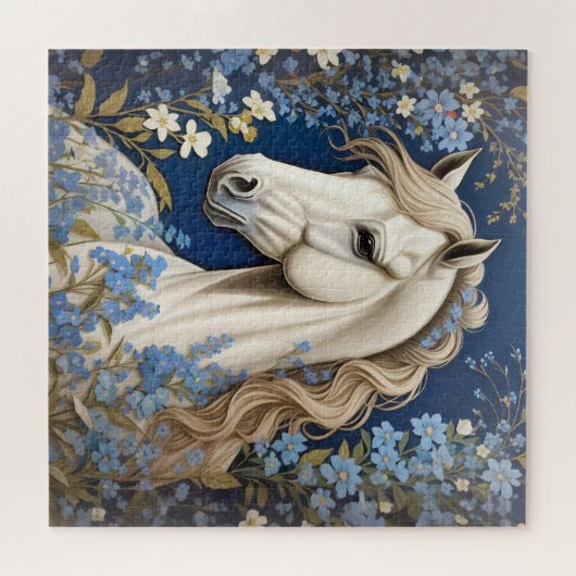 Elegante witte Pony en vergeet-me-nots Legpuzzel (Horizontaal)