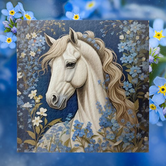 Elegante witte Pony en vergeet-me-nots Legpuzzel