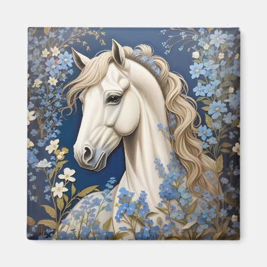Elegante witte Pony en vergeet-me-nots Magneet (Voorkant)