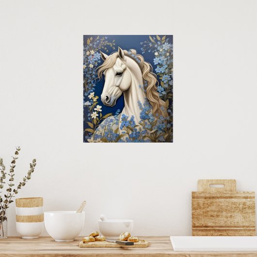 Elegante witte Pony en vergeet-me-nots Poster (Keuken)