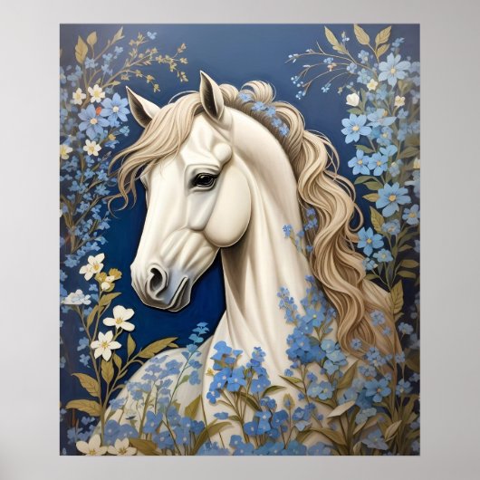 Elegante witte Pony en vergeet-me-nots Poster (Voorkant)