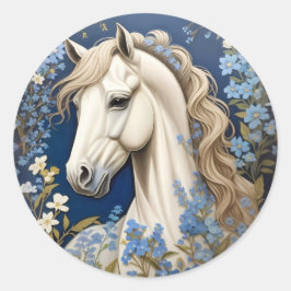 Elegante witte Pony en vergeet-me-nots Ronde Sticker
