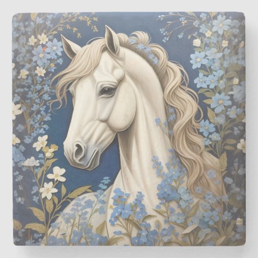 Elegante witte Pony en vergeet-me-nots Stenen Onderzetter (Voorkant)