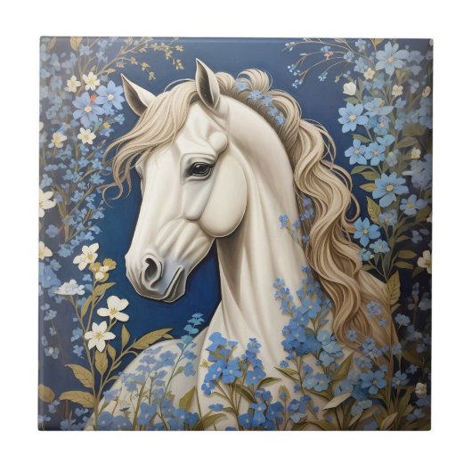 Elegante witte Pony en vergeet-me-nots Tegeltje (Voorkant)
