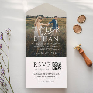Elegante Witte QR Code Foto Bruiloft All In One Uitnodiging