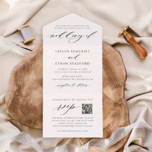 Elegante Witte QR Code RSVP Kalligrafie Bruiloft All In One Uitnodiging