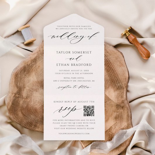 Elegante Witte QR Code RSVP Kalligrafie Bruiloft All In One Uitnodiging