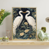 Elegante witte reigers in tuin – vintage botanisch