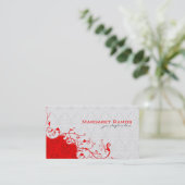 Elegante witte & rode  bloemdamast visitekaartje (Staand voorkant)