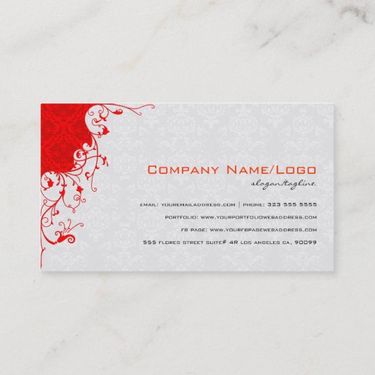 Elegante witte & rode  bloemdamast visitekaartje (Achterkant)