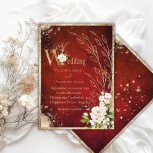Elegante witte rode gouden bloemrijke rustieke bru kaart