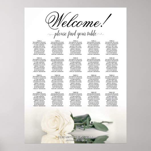 Elegante witte roos 20 tafel bruiloft zitplaatskaa poster (Voorkant)
