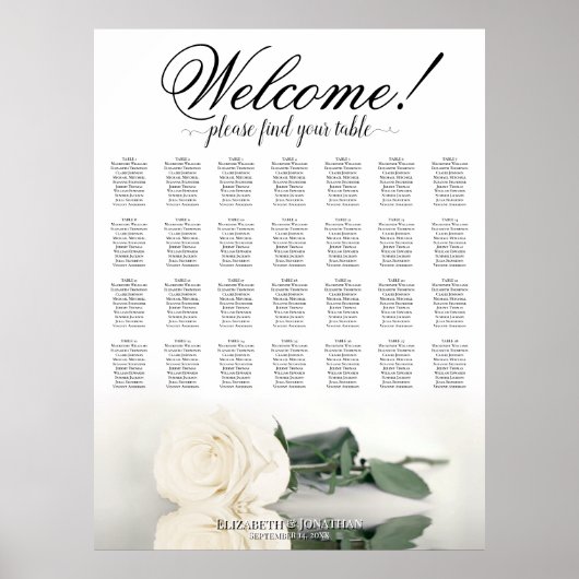 Elegante Witte Roos 28 Tafel Trouwstoelindeling Poster (Voorkant)