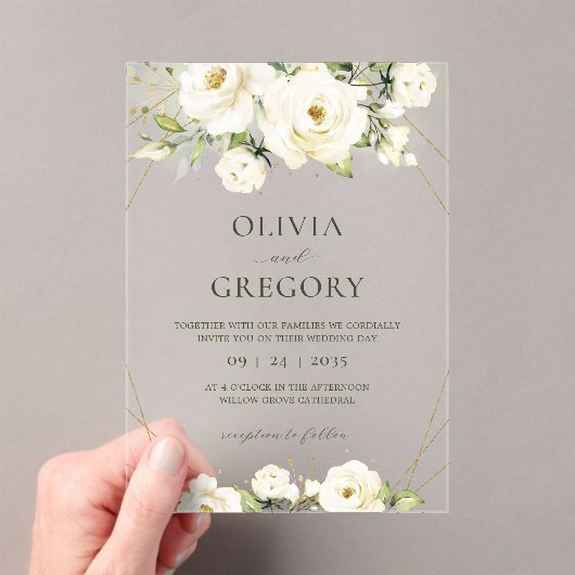 Elegante witte roos acryl bruiloft uitnodiging (Insitu (Draagbaar))