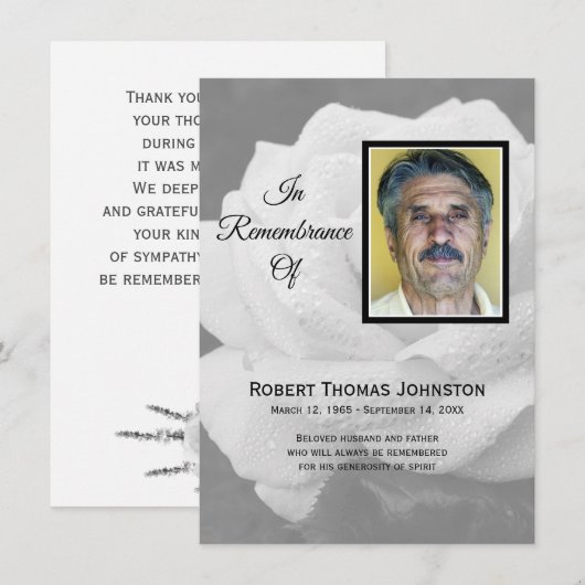 Elegante witte roos begrafenissympathie bedankkaart (Voorkant / Achterkant)