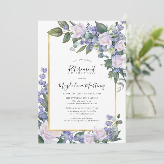 Elegante Witte Roos Blauwe Bloemen Pensioen Partij Kaart (Staand voorkant)