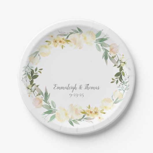 Elegante witte roos bloemenbruiloft papieren bordje (Voorkant)