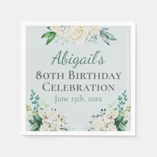Elegante witte roos bloemig 80e verjaardag elke le servet (Voorkant)