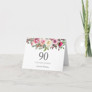Elegante Witte Roos Bloemige 90e Verjaardag Bedank Kaart