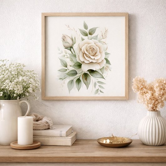 Elegante witte roos botanische groene neutraliteit poster
