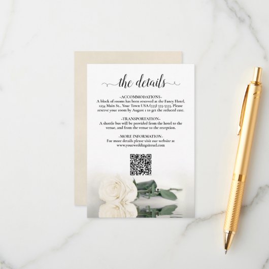 Elegante witte roos bruiloft details QR-code Informatiekaartje (Voorkant / Achterkant in situ)
