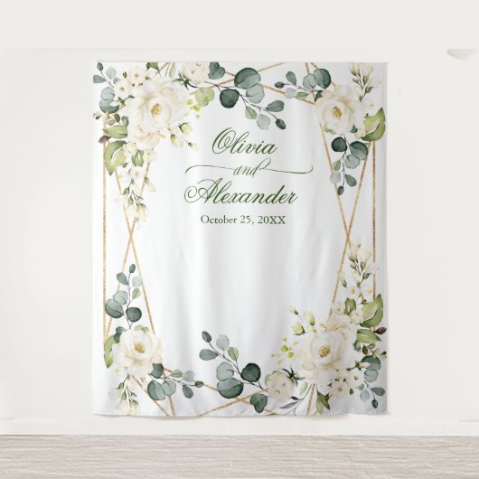 Elegante witte roos bruiloft foto booth achtergron wandkleed (Voorkant)