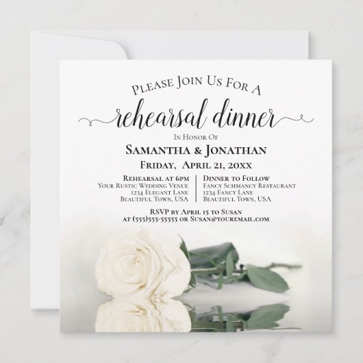 Elegante witte roos bruiloft repetitie & diner kaart (Voorkant)