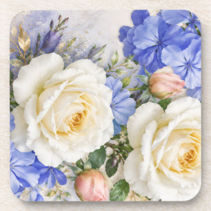 Elegante witte roos en blauwe bloemen muismat. bier onderzetter