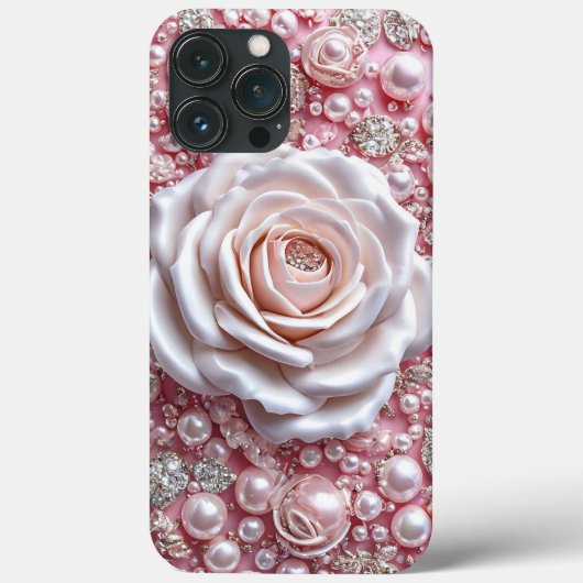Elegante Witte Roos en Glanzende Roze Parels Case-Mate iPhone Case (Achterkant)