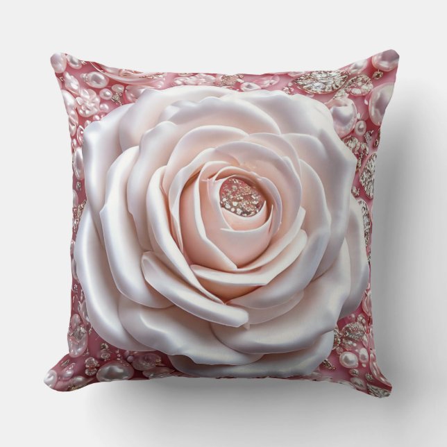 Elegante Witte Roos en Glanzende Roze Parels Kussen (Voorkant)