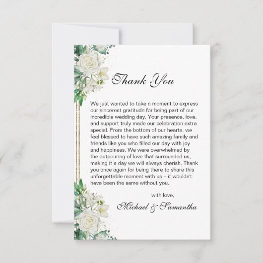 Elegante witte roos en lelies bruiloft bedankkaart (Voorkant)