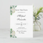 Elegante witte roos en lelies bruiloft save the date (Staand voorkant)