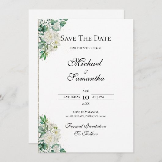 Elegante witte roos en lelies bruiloft save the date (Voorkant / Achterkant)