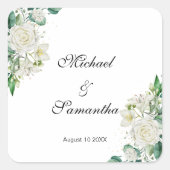Elegante witte roos en lelies bruiloft vierkante sticker (Voorkant)