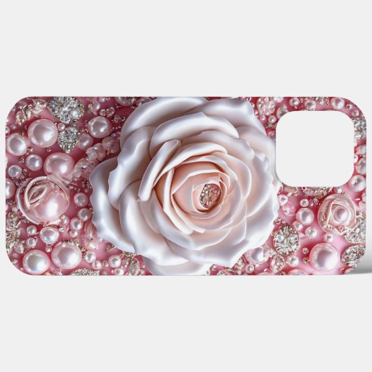Elegante witte roos en sprankelende roze parels Case-Mate iPhone case (Achterkant (horizontaal))