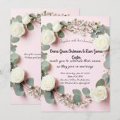 Elegante Witte Roos & Eucalyptus Huwelijksuitnodig Kaart (Voorkant / Achterkant)