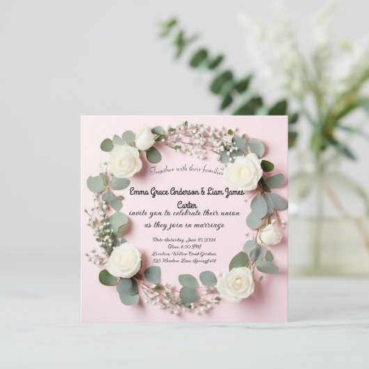 Elegante witte roos & eucalyptus trouwuitnodiging save the date (Staand voorkant)