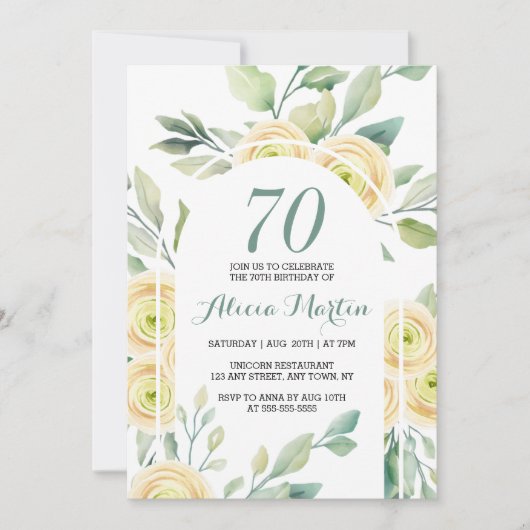 Elegante witte roos Flora groen 70e verjaardag Kaart (Voorkant)