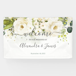 Elegante witte roos & goud bloemenbruiloft banner