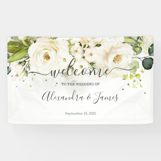 Elegante witte roos & goud bloemenbruiloft banner (Horizontaal)