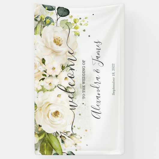 Elegante witte roos & goud bloemenbruiloft banner (Verticaal)